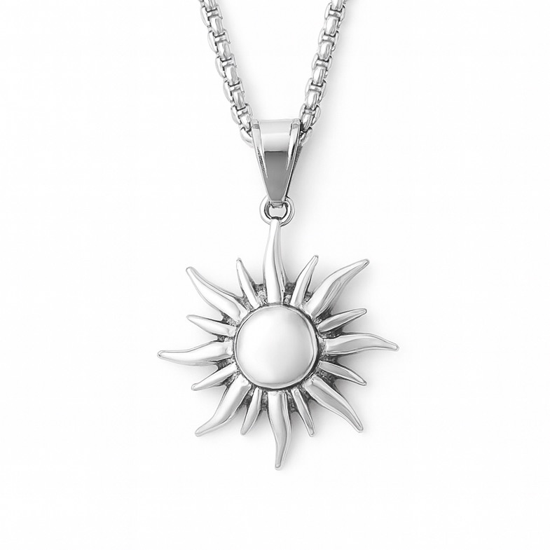 Stainless Steel Sun Pendant Necklace Silver Sunburst 24 Curb Chain 25$